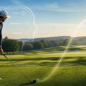 Golfer practicing focus and visualization techniques during golf psychology training session on a calm course