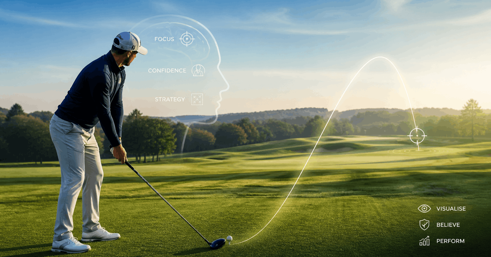 Golfer practicing focus and visualization techniques during golf psychology training session on a calm course