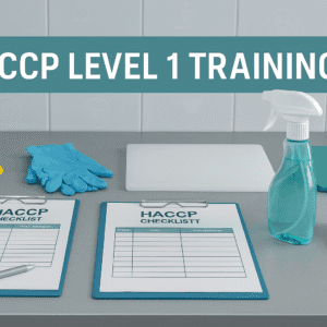 Food safety workstation with hazard labels, checklists, gloves and cleaning tools representing the HACCP Level 1 course.
