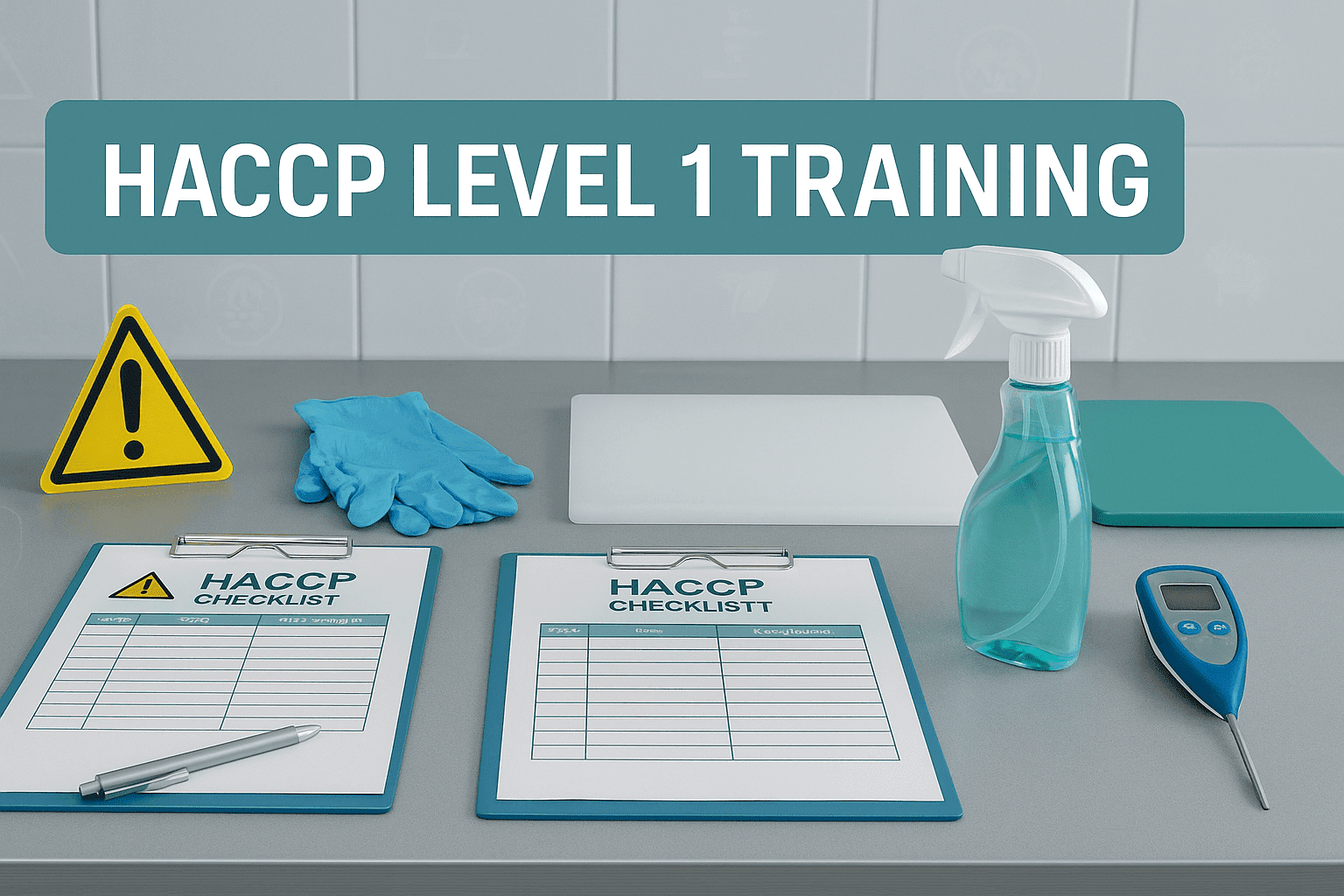 Food safety workstation with hazard labels, checklists, gloves and cleaning tools representing the HACCP Level 1 course.