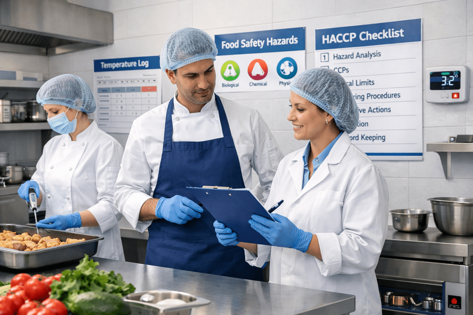 HACCP Level 2 training showing food handlers using hygiene and safety procedures in a professional kitchen