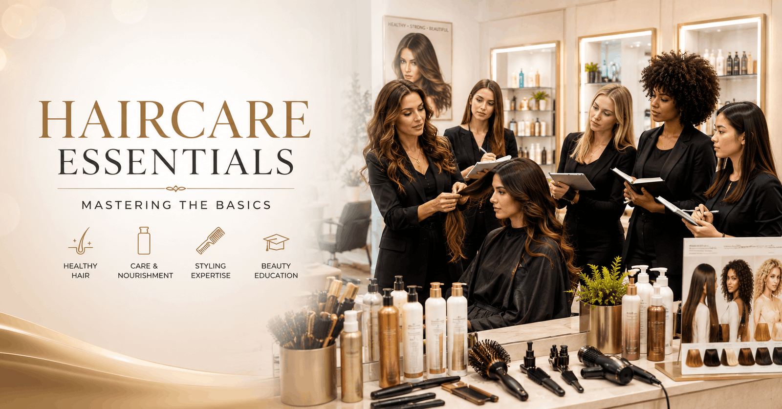 Haircare Essentials Course showing professional haircare techniques, healthy hair styling, and beauty education