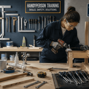 Professional working with tools during handyperson training course covering carpentry plumbing and repairs