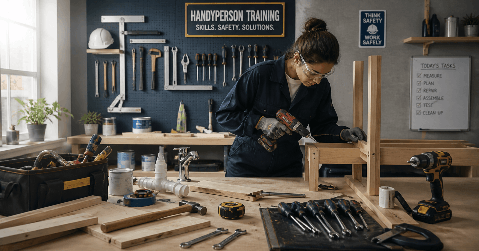 Professional working with tools during handyperson training course covering carpentry plumbing and repairs