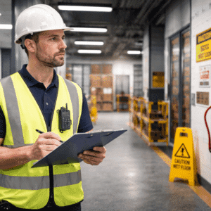 Health and safety officer training showing workplace risk assessment and safety inspection in a professional environment