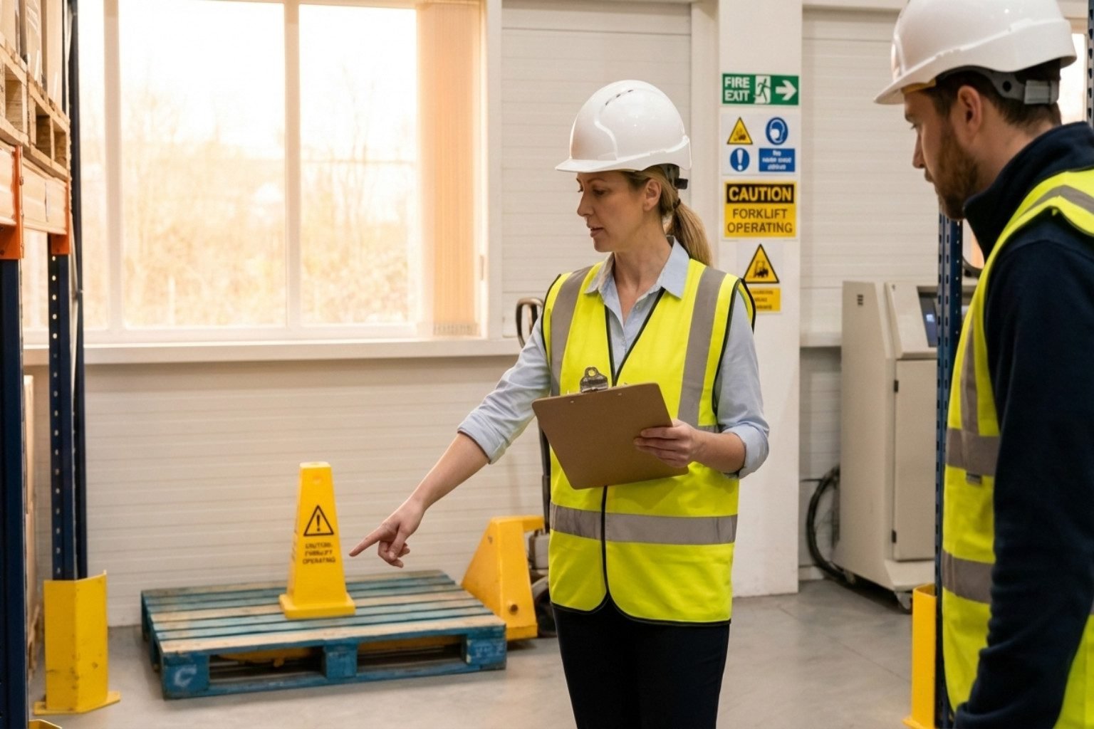 Health and safety training showing a safety officer inspecting a workplace with PPE and hazard signs