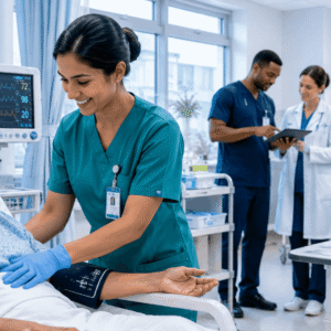 Professional Health Care Assistant providing patient support in a modern healthcare environment