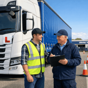 Professional driver completing HGV driver training beside a modern LGV truck in a UK transport training centre