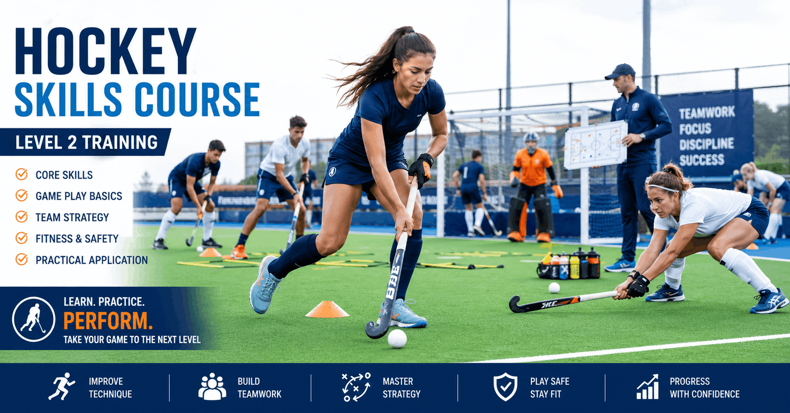 Players practising drills and teamwork during a hockey skills course on a professional hockey field