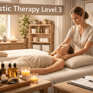 Holistic Therapy Level 3 course image showing massage therapy, energy healing, mindfulness, and professional wellness practice
