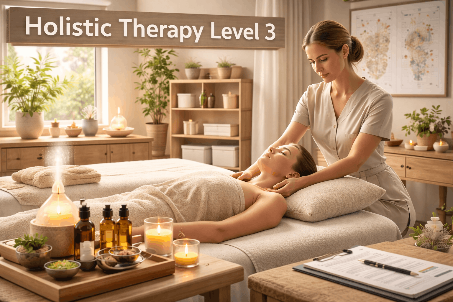 Holistic Therapy Level 3 course image showing massage therapy, energy healing, mindfulness, and professional wellness practice
