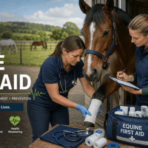 Horse First Aid training showing emergency care and treatment of an injured horse by an equine professional