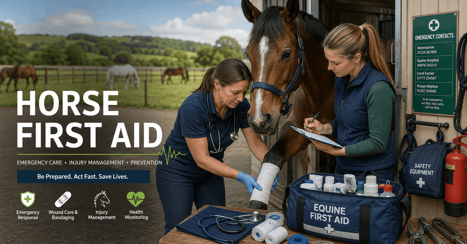 Horse First Aid training showing emergency care and treatment of an injured horse by an equine professional