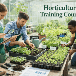 Student studying plants in a greenhouse for a horticulture training course with soil, seedlings and tools