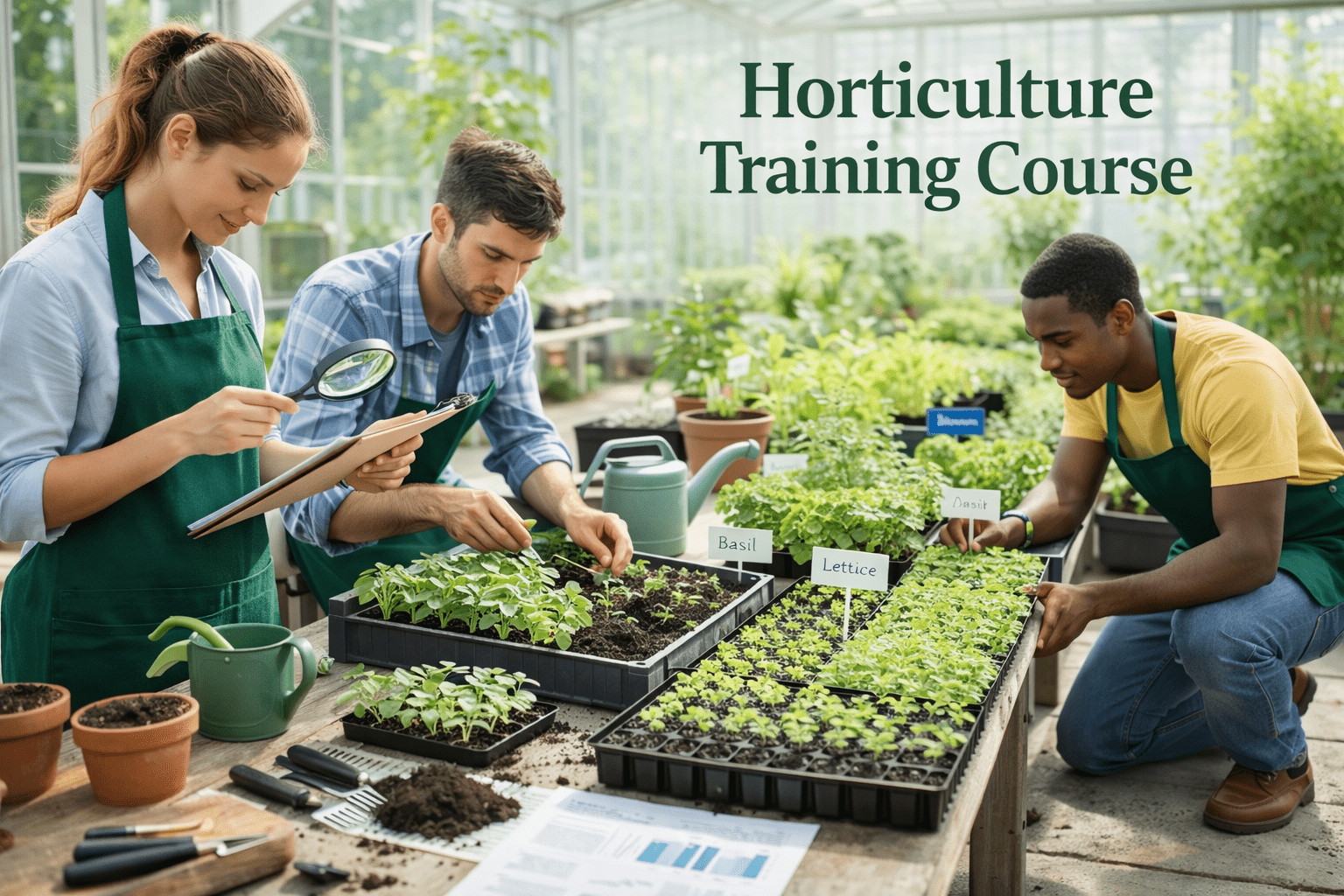 Student studying plants in a greenhouse for a horticulture training course with soil, seedlings and tools