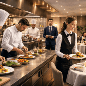 Hospitality and catering diploma course showing professional kitchen training, food presentation, and hospitality service management