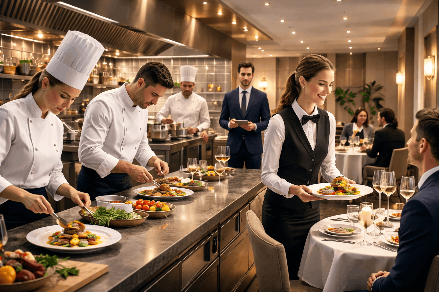 Hospitality and catering diploma course showing professional kitchen training, food presentation, and hospitality service management