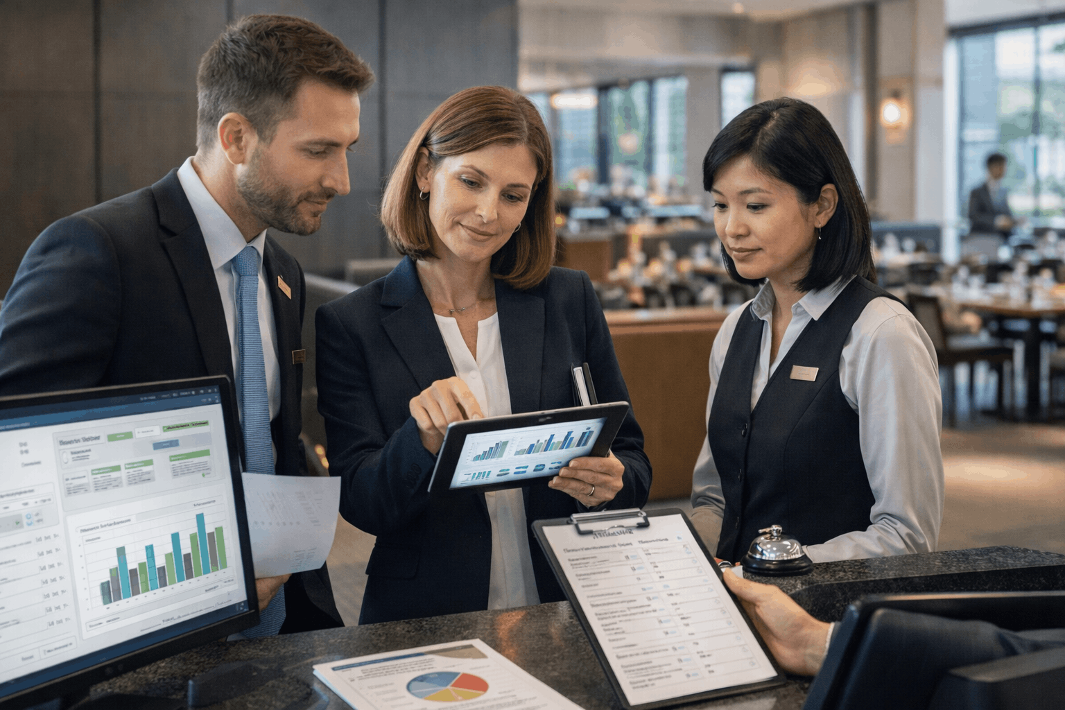 Hospitality assessor course showing hotel operations, service quality assessment, revenue management, and food safety supervision