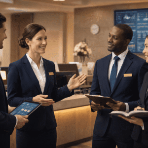 Hotel management course showing hospitality professionals managing front office, guest services, and hotel operations
