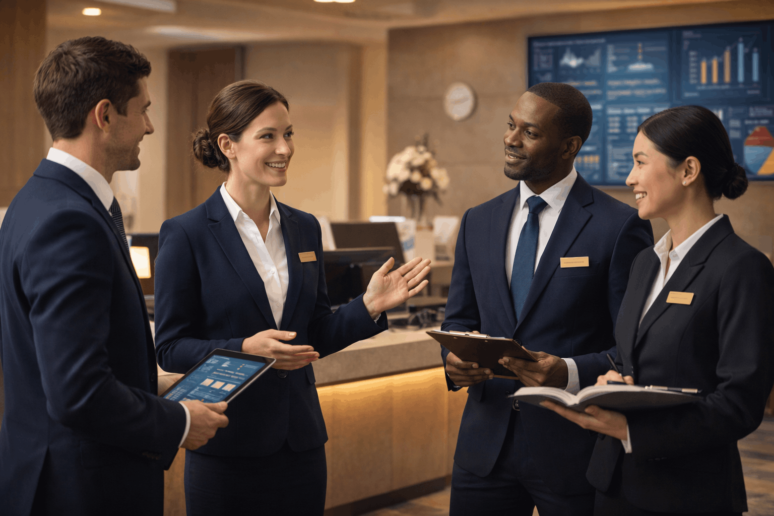 Hotel management course showing hospitality professionals managing front office, guest services, and hotel operations