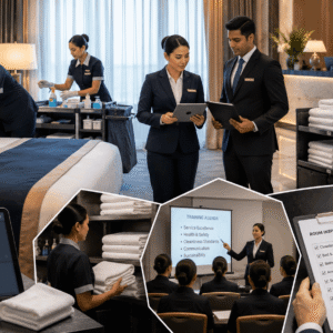 Professional housekeeping team demonstrating housekeeping management practices in a luxury hotel environment