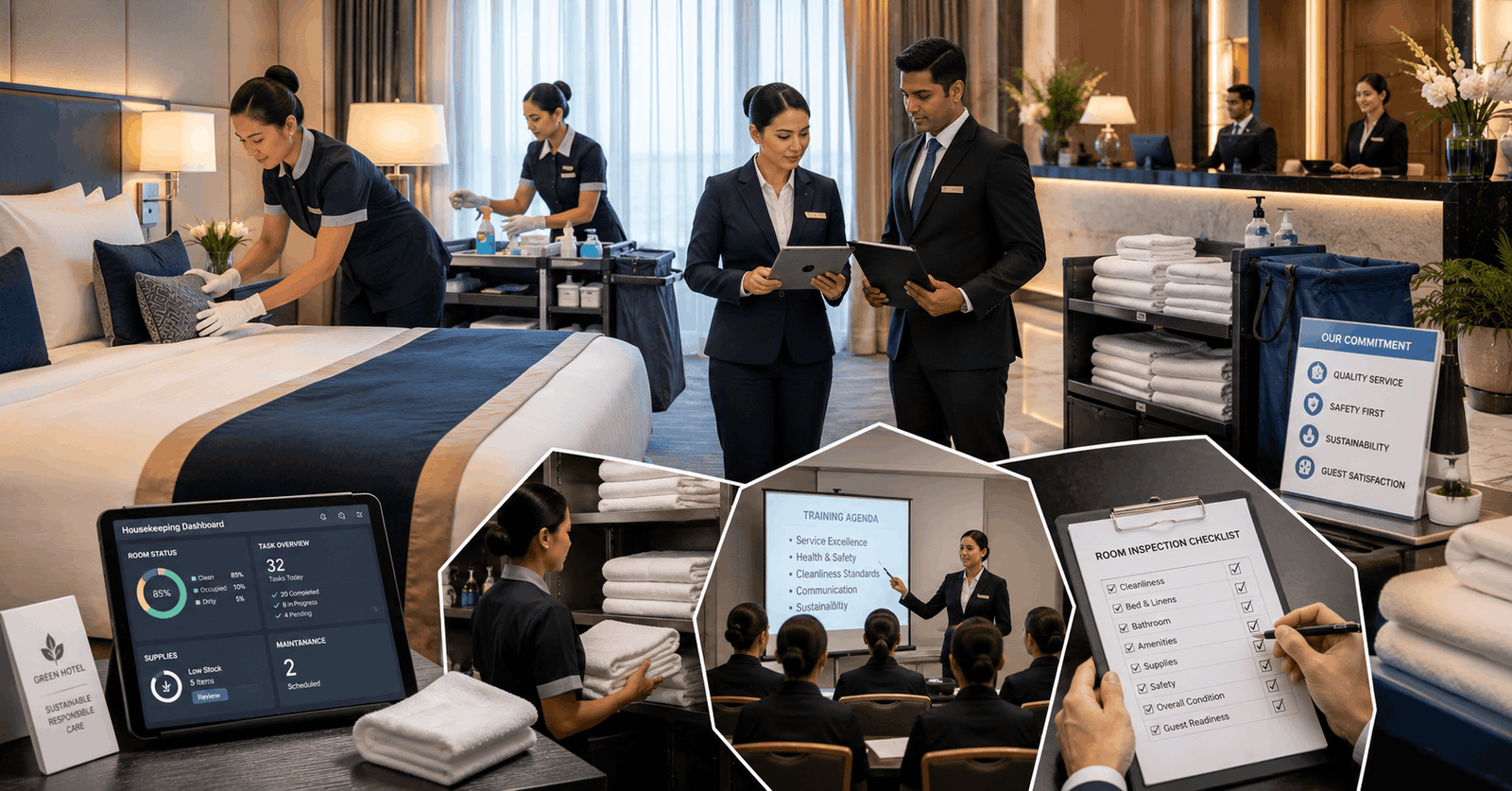 Professional housekeeping team demonstrating housekeeping management practices in a luxury hotel environment
