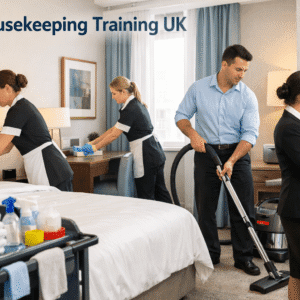 Housekeeping Training UK showing hotel staff cleaning and maintaining a modern guest room