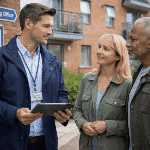 Housing officer training showing a professional managing tenants and social housing responsibilities in a community setting