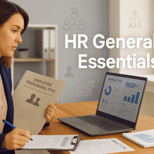 HR Generalist course banner showing HR professional reviewing employee files, analytics charts, and recruitment documents.