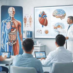 Human anatomy course showing organs, skeleton, muscles and nervous system in a modern medical learning environment