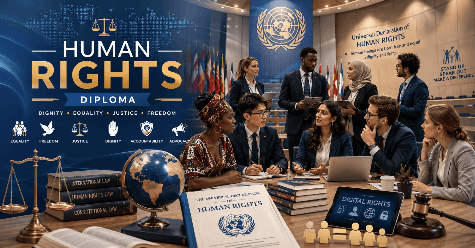 Human Rights Diploma learners exploring global justice, equality, international law, and human rights advocacy