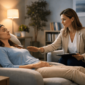 Professional hypnotherapist guiding a client through relaxation techniques in a Hypnotherapy Diploma Level 3 training setting