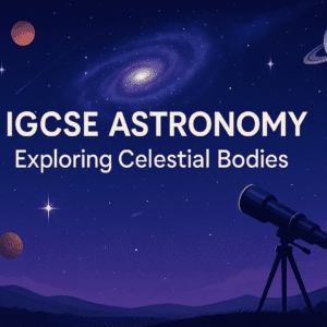 IGCSE Astronomy course image showing planets, stars, and telescopes in a clear night-sky learning scene.