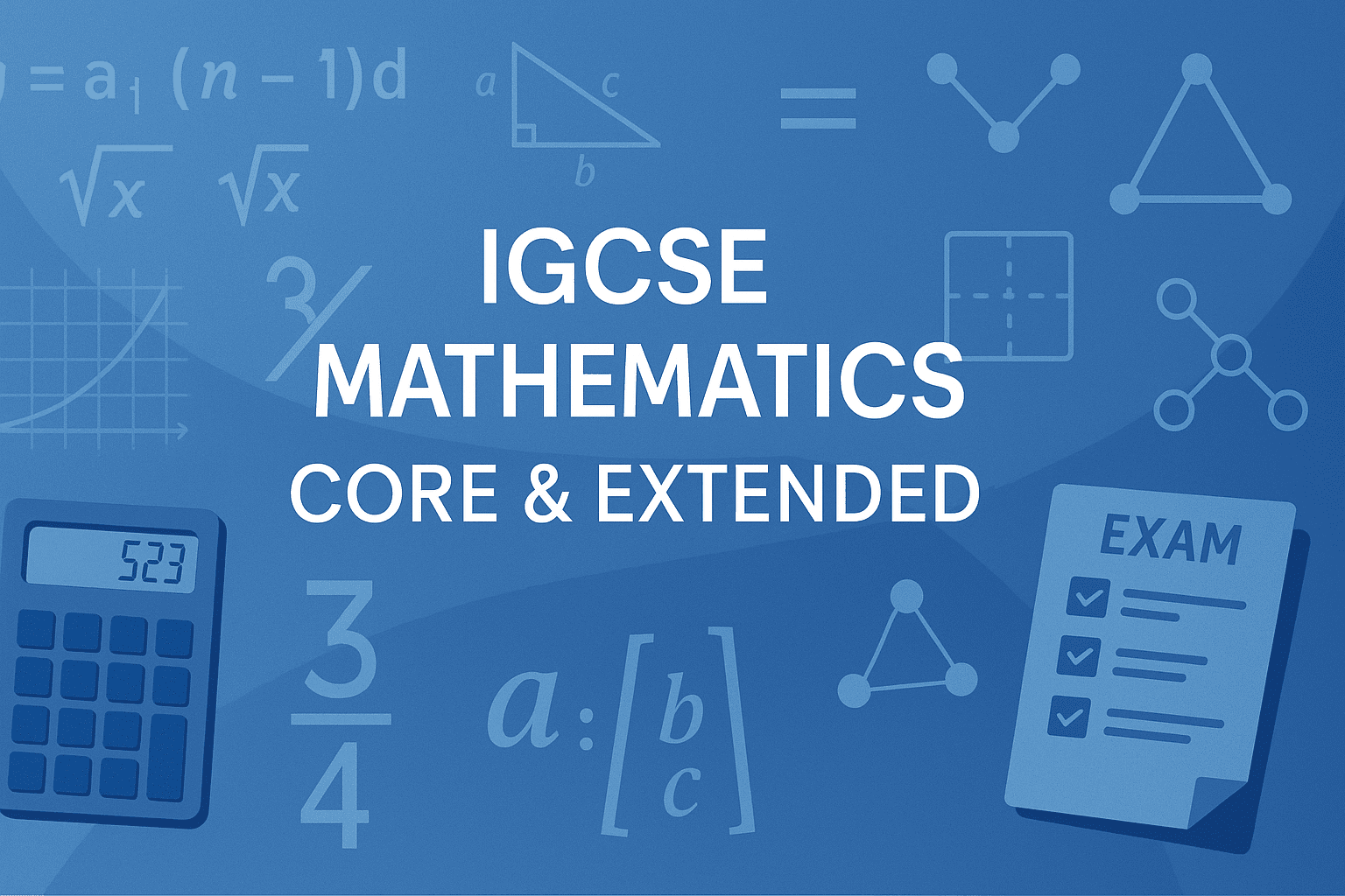 IGCSE Mathematics Course banner with algebra symbols, geometry shapes, graphs, probability icons, and exam preparation visuals.