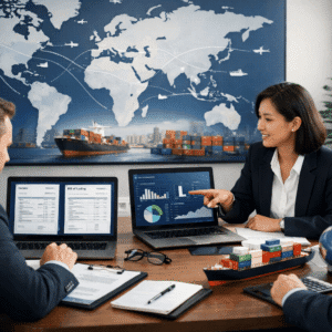 Import export course showing global trade operations, shipping routes, logistics planning, and international business professionals