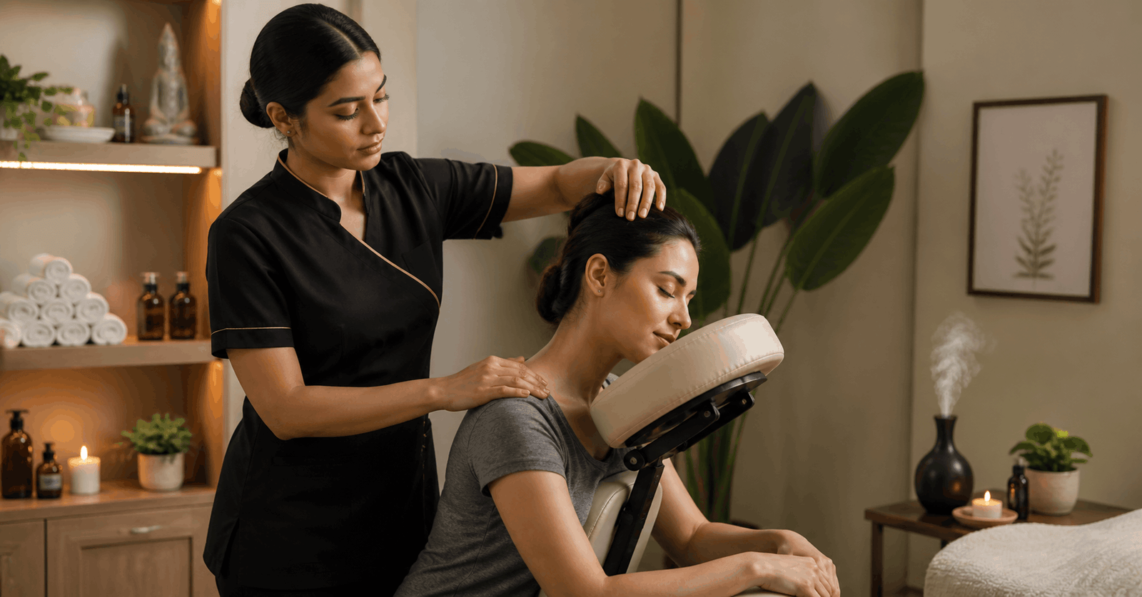 Indian head massage therapist performing relaxing head and shoulder treatment in a calm wellness setting