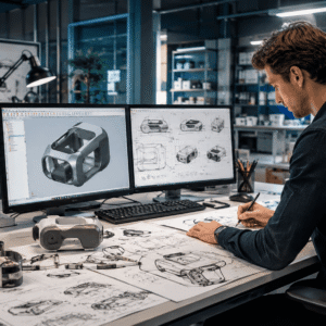 Professional designer creating product concepts and CAD models in an Industrial Design Course environment