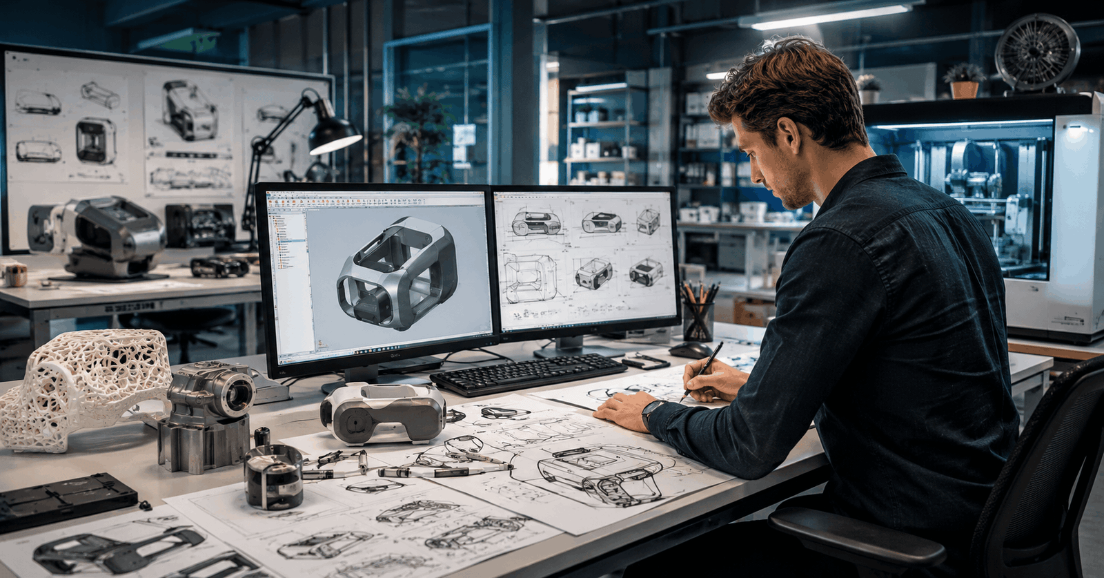 Professional designer creating product concepts and CAD models in an Industrial Design Course environment