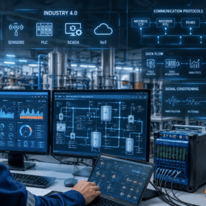 Engineer working with advanced control systems and sensors in an Instrumentation Engineering environment