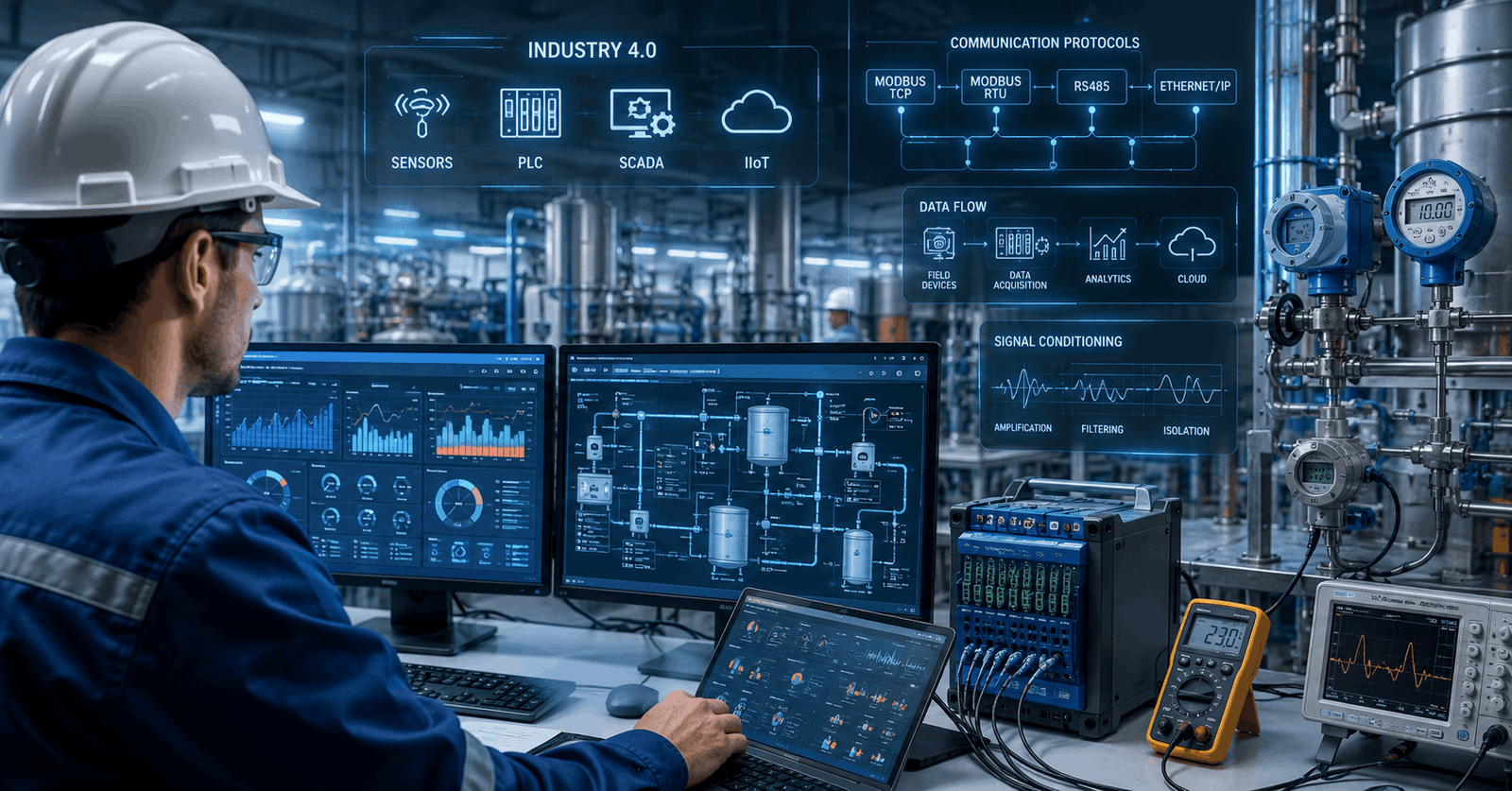 Engineer working with advanced control systems and sensors in an Instrumentation Engineering environment