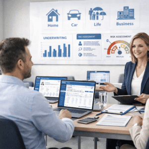 Insurance agent training course showing a professional advising clients on insurance policies and underwriting in a modern office