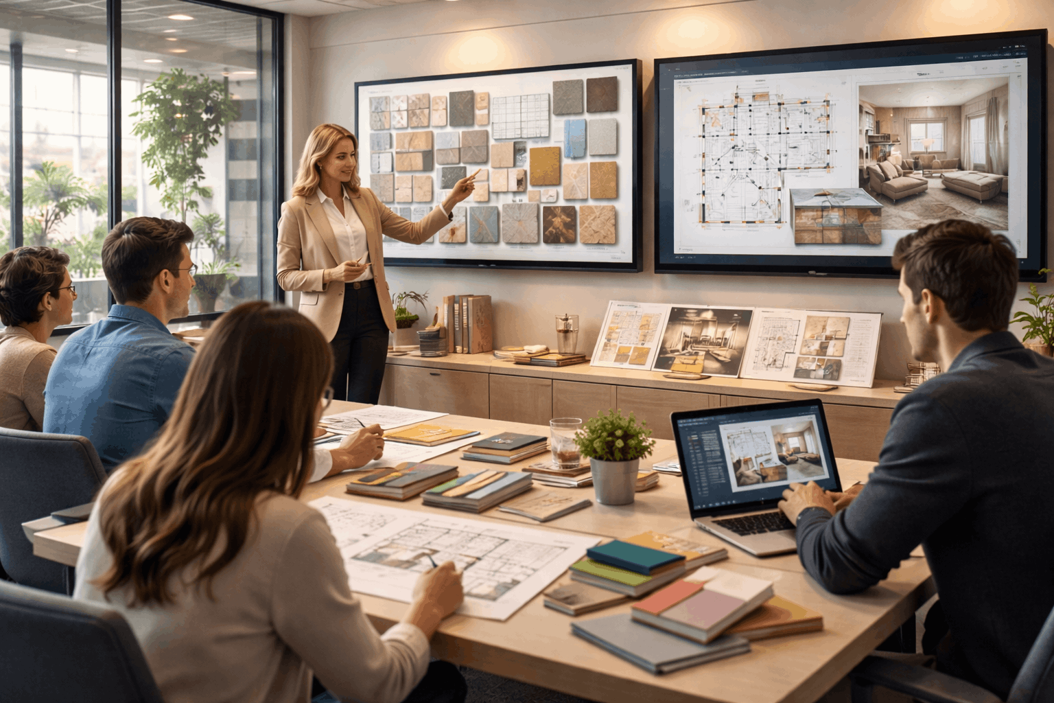 Modern interior design studio showing mood boards, room layouts, and creative planning for an Interior Design Course.