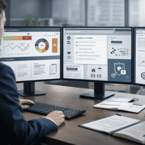 Professional internal audit training environment showing risk assessment, compliance checks, and audit reporting for internal auditor diploma