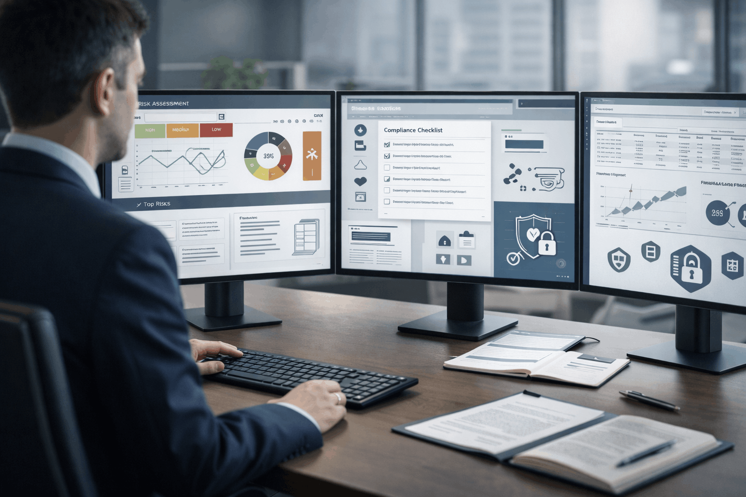 Professional internal audit training environment showing risk assessment, compliance checks, and audit reporting for internal auditor diploma