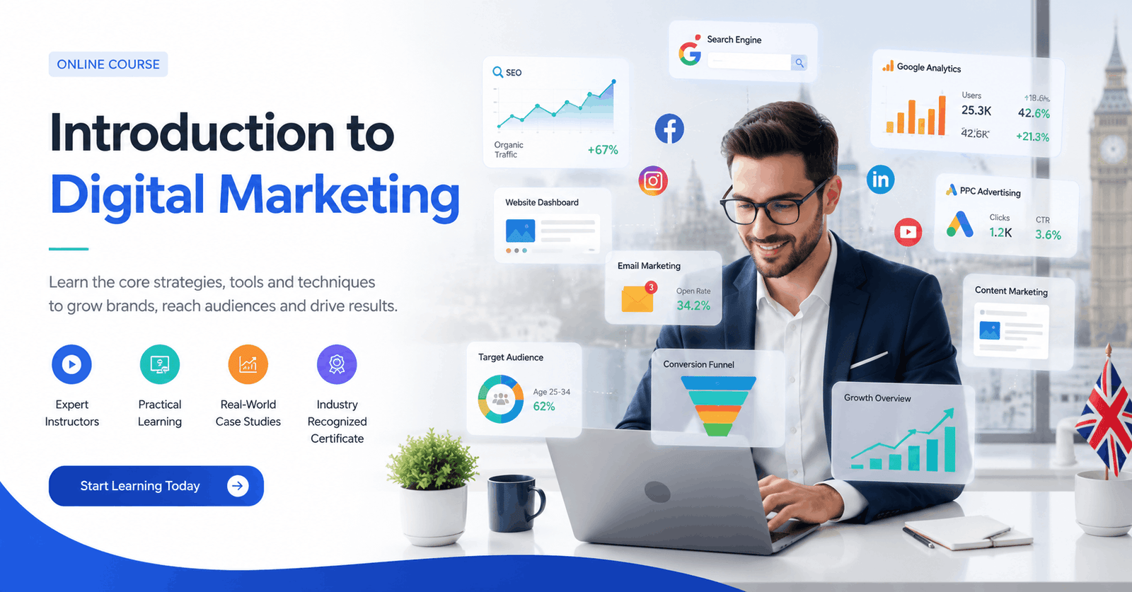Professional Introduction to Digital Marketing course showing SEO, social media, analytics, email marketing, and online advertising.