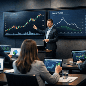 Professional investment classroom showing charts, stock markets, and portfolio analysis for an Investment Fundamentals Course.