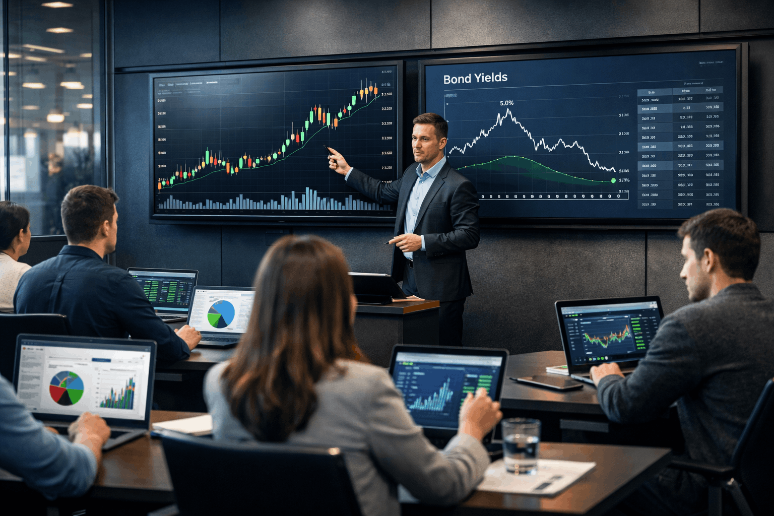 Professional investment classroom showing charts, stock markets, and portfolio analysis for an Investment Fundamentals Course.