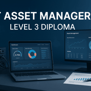 IT Asset Manager Level 3 Diploma banner showing digital dashboards, asset data charts, and modern IT devices.