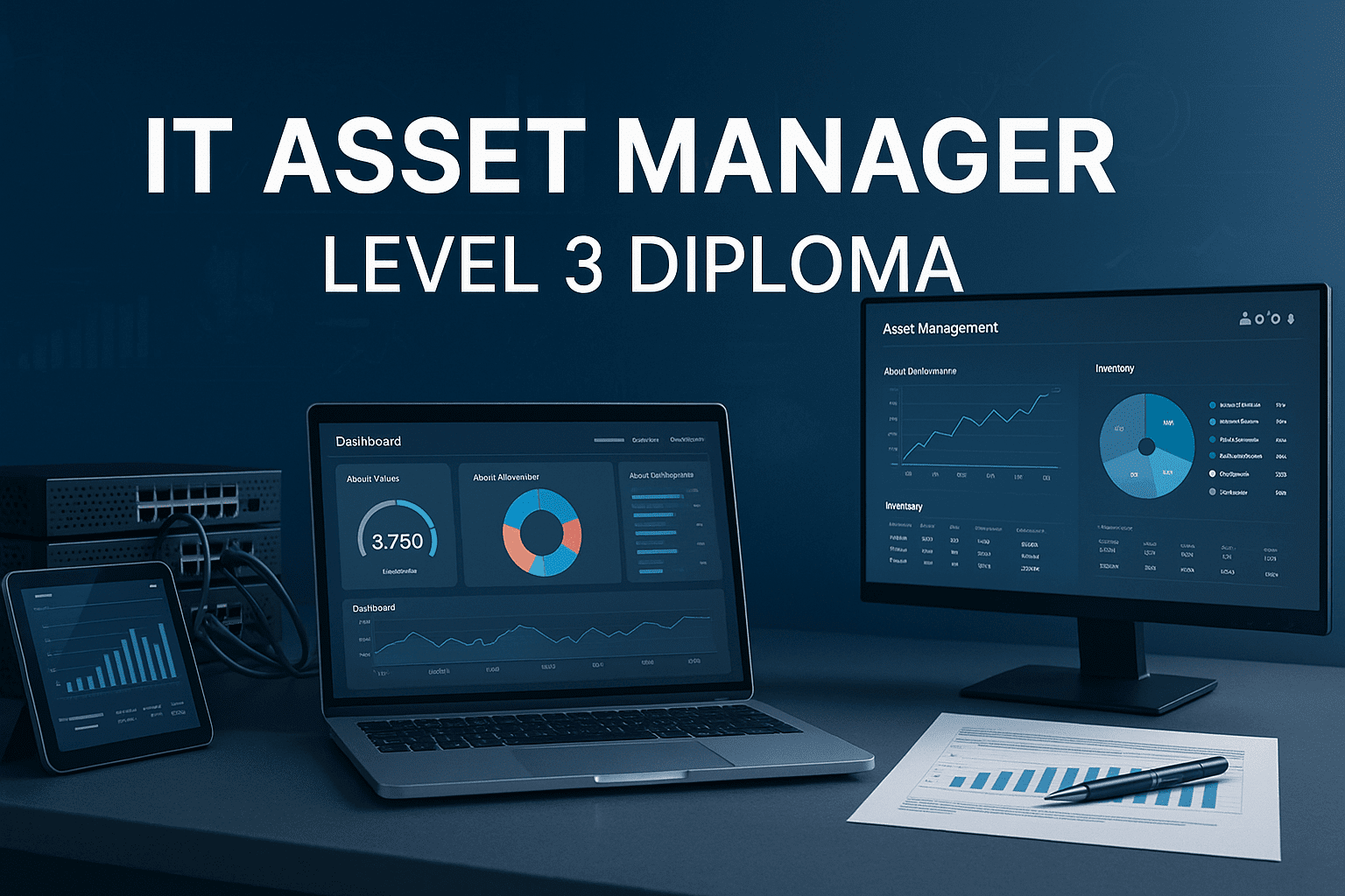 IT Asset Manager Level 3 Diploma banner showing digital dashboards, asset data charts, and modern IT devices.