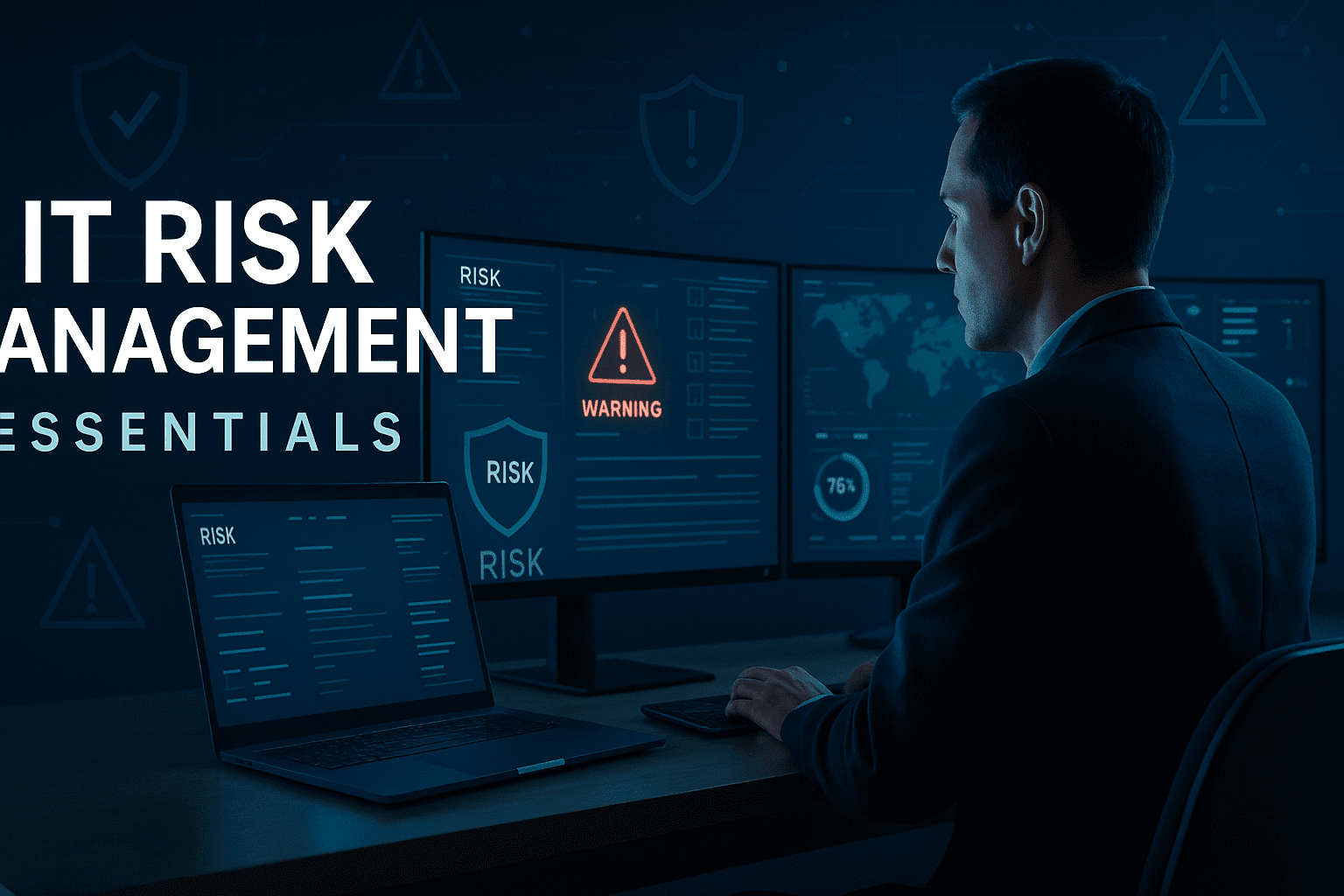 IT Risk Management course banner showing cybersecurity dashboard, risk metrics, and analyst reviewing digital risk controls.